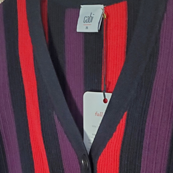 CABI Red Purple Stripe ROYAL PULLOVER CARDIGAN 3538 Sweater Long Sleeve MEDIUM - Picture 3 of 9
